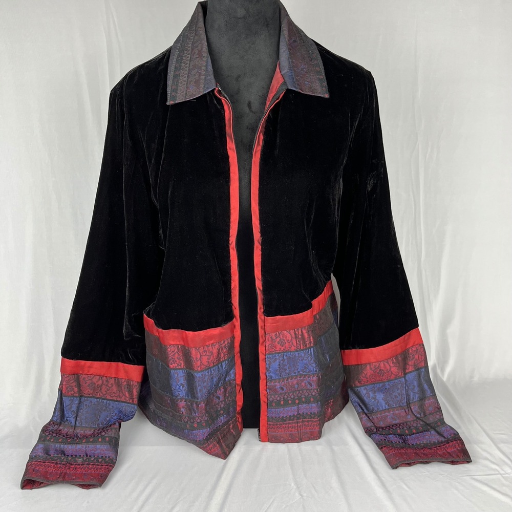 Vtg 90s Y2K Coldwater Creek Velvet Jacket Black Patchwork Trim M Whimsygoth Boho - Picture 5 of 6